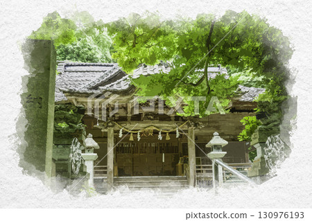 Watercolor painting of Kosaka Shrine, worship hall, Kanazawa City, Ishikawa Prefecture 130976193