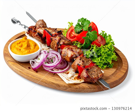 Grilled Kebab Skewer with Vegetables, Onion, and Spicy Sauce 130976214