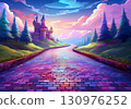 A colorful sky and a fantastic brick road leading to the castle 130976252