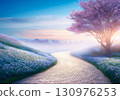 Fantasy landscape of a road passing through a flowered valley and mountains in morning mist 130976253
