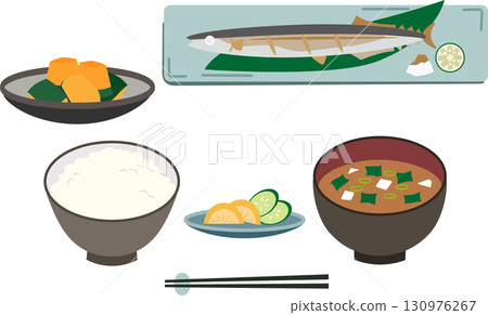秋刀魚套餐（米飯、味噌湯、燉南瓜、醃菜）插圖 130976267