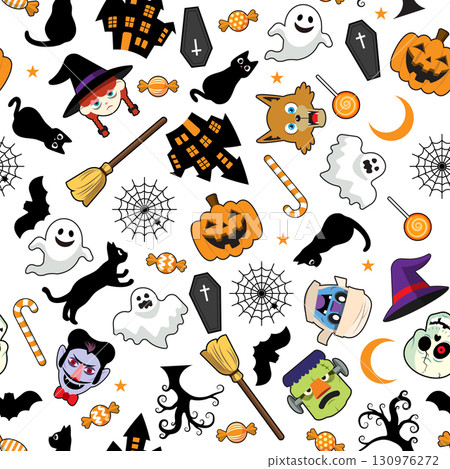 A pattern featuring Halloween characters and items such as witches and pumpkins. A pattern featuring Halloween characters and items such as witches and pumpkins. 130976272