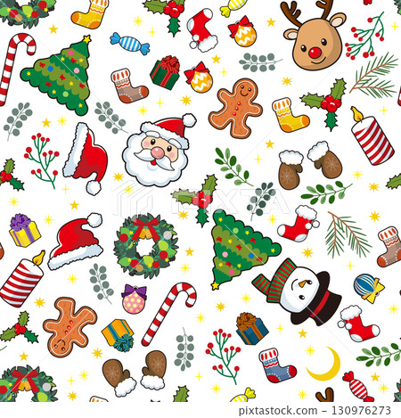 A pattern featuring various Christmas motifs such as Santa, trees, and reindeer. A pattern featuring various Christmas motifs such as Santa, trees, and reindeer. 130976273