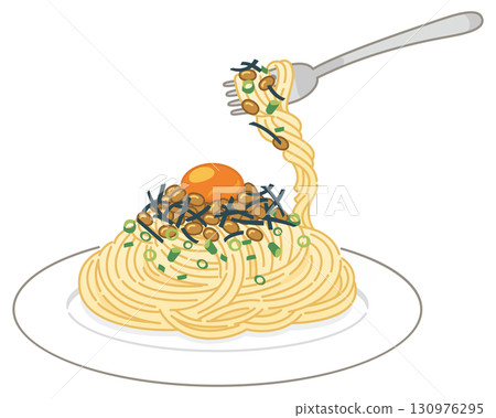 Japanese-style natto pasta with egg yolk (scooped with a fork) 130976295