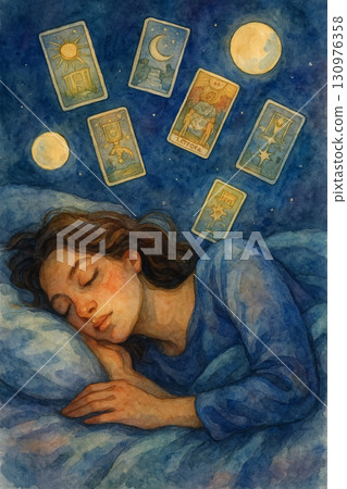 夢中浮現塔羅牌 睡眠冥想 靈性水彩插畫 130976358
