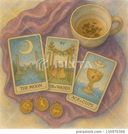塔羅牌與咖啡渣占卜 紫色布面靈性插畫 塔羅牌與咖啡渣占卜 紫色布面靈性插畫 130976366