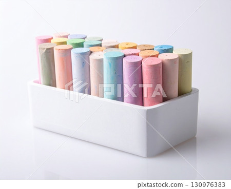 Colorful Chalk Sticks in a White Box on White Background 130976383