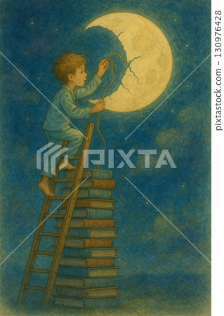 Boy repairing the moon dreamy watercolor illustration Boy repairing the moon dreamy watercolor illustration 130976428