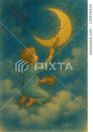 Boy coloring the moon, dreamy cloud watercolor illustration Boy coloring the moon, dreamy cloud watercolor illustration 130976429
