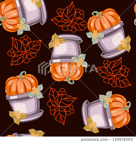 Pumpkin in a pot with leaves seamless pattern vector illustration 130976503