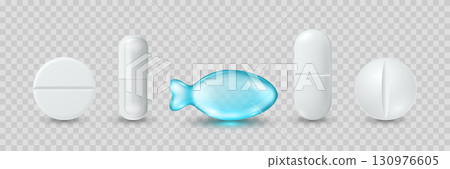 Vector 3d Realistic Pills and Capsule Icon Set. Medicine Tablets, Pharmaceutical Pills Clipart. Vitamins and Supplements Design Template. Isolated Medical Capsules 130976605