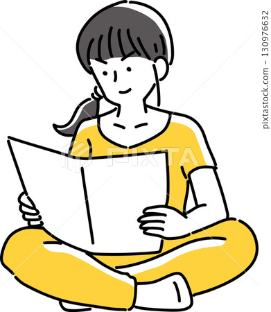 A woman sitting cross-legged and looking at documents A woman sitting cross-legged and looking at documents 130976632