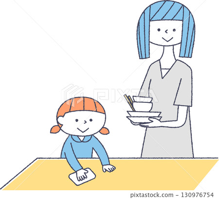 Parents and children cleaning up after meals 130976754