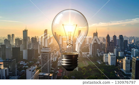 light bulb with cityscape background 130976797
