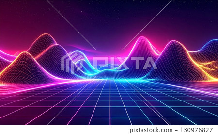 Abstract black fractal grid pattern with blue glowing lines and light waves for a futuristic science and technology backdrop 130976827