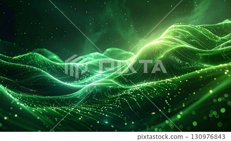 Dynamic fractal waves of glowing blue light swirl in a flowing 3d motion on a dark space backdrop 130976843