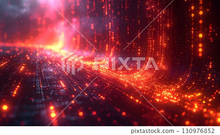 Glowing orange and red lights form a fiery abstract design against a dark background 130976852