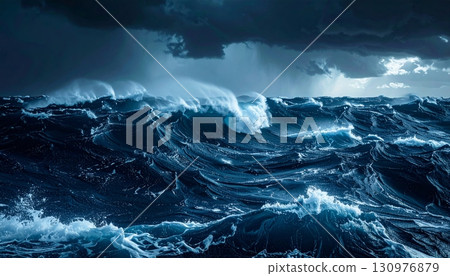 A dramatic storm with dark clouds looming over a tumultuous blue sea, while fierce waves crash against the shoreline A dramatic storm with dark clouds looming over a tumultuous blue sea, while fierce waves crash against the shoreline 130976879