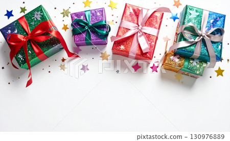 Golden Christmas gift box with red ribbon and bow isolated on a white background 130976889