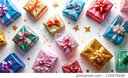 Golden Christmas gift box with red ribbon and bow isolated on a white background 130976890