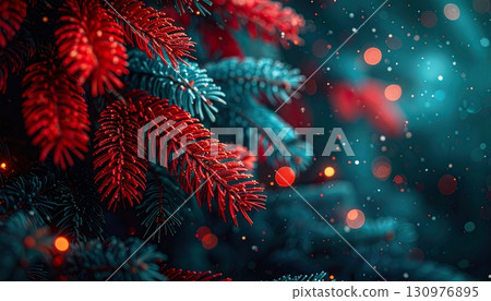 Green branches of a decorated Christmas fir tree with shiny ornaments and a gold star on top 130976895