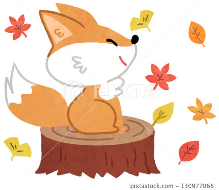 可愛的狐狸動物圖示插圖坐在秋葉中的樹樁上 130977068