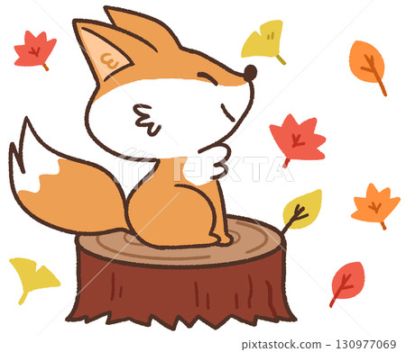 可愛的狐狸動物圖示插圖坐在秋葉中的樹樁上 130977069