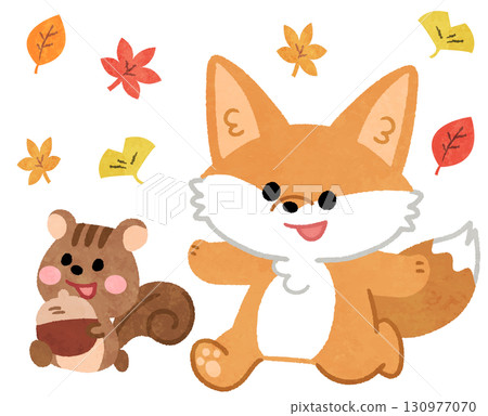 可愛的狐狸和松鼠動物圖示插圖在秋葉間行走 130977070