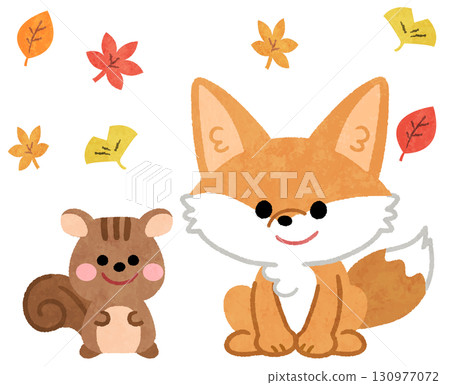 秋葉中可愛的狐狸和松鼠動物圖示插圖 130977072