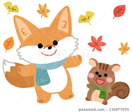Cute fox and squirrel animal icon illustration among autumn leaves Cute fox and squirrel animal icon illustration among autumn leaves 130977074