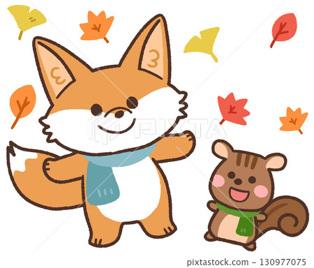 Cute fox and squirrel animal icon illustration among autumn leaves Cute fox and squirrel animal icon illustration among autumn leaves 130977075