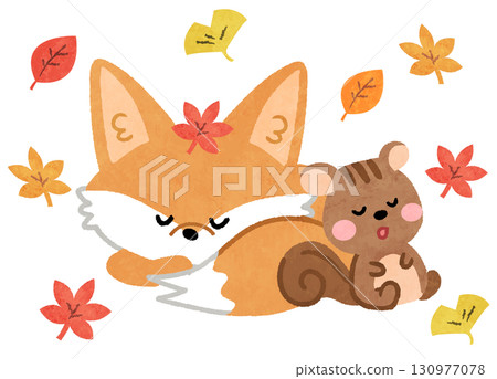 可愛的狐狸和松鼠動物圖示插圖在秋葉中睡覺 130977078