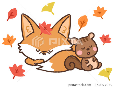 Cute fox and squirrel animal icon illustration sleeping among autumn leaves Cute fox and squirrel animal icon illustration sleeping among autumn leaves 130977079