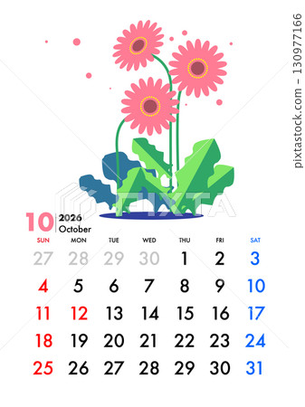 2026、日曆、十月、非洲菊、週日開始、生態 130977166