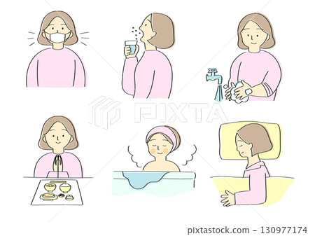 預防感冒和改善生活習慣的女性插圖集 預防感冒和改善生活習慣的女性插圖集 130977174