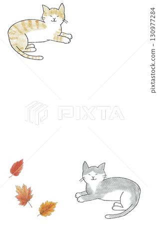 Cat, autumn leaves and fallen leaves frame 130977284