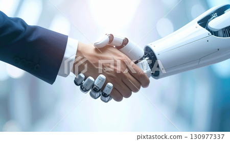 AI image: Close-up of a human and a robot shaking hands 130977337