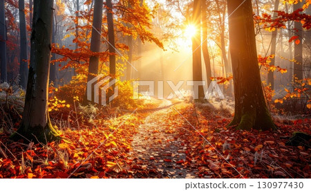 AI Image: A walk through a sunny autumn forest 130977430