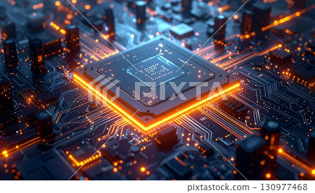 computer motherboard in dark blue background computer motherboard in dark blue background 130977468