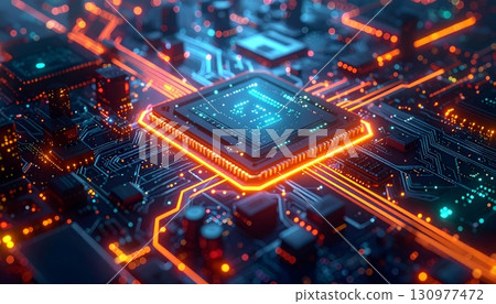 computer motherboard with blue matrix 130977472