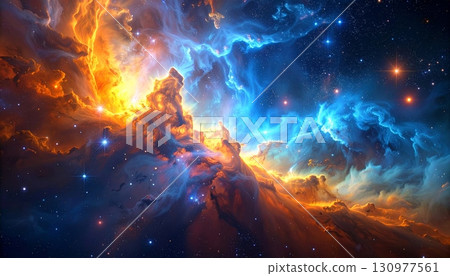 Abstract red fire nebula glows in the night sky 130977561