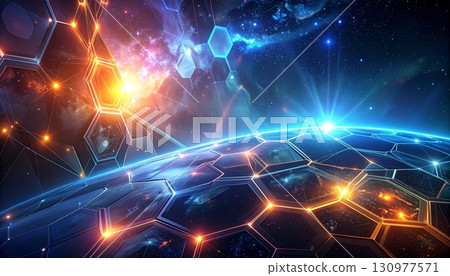 Digital glowing lines and stars explode across a futuristic virtual fractal realm of abstract light and energy Digital glowing lines and stars explode across a futuristic virtual fractal realm of abstract light and energy 130977571