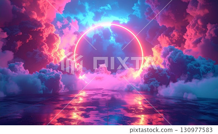 Moonlight illuminates a fantastic landscape of blue clouds and stars, with a distant planet and abstract light reflecting on the sea 130977583