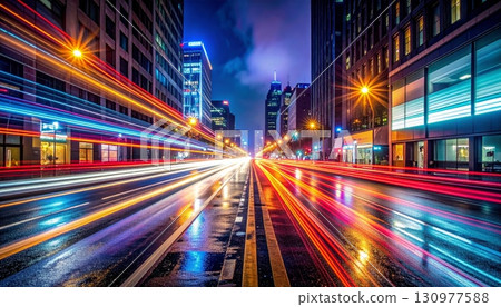 Vibrant urban lights blur with the motion of cars on a busy city highway at night 130977588