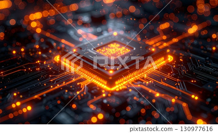 Macro close-up on a green computer motherboard with microchips and a central processing unit Macro close-up on a green computer motherboard with microchips and a central processing unit 130977616
