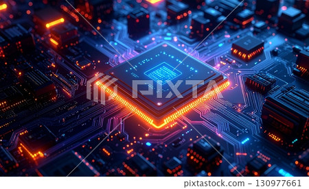A detailed macro shot of a blue printed circuit board reveals intricate digital technology with a central processor chip A detailed macro shot of a blue printed circuit board reveals intricate digital technology with a central processor chip 130977661