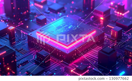 Macro closeup of an electronic computer circuit board with a central processing unit (CPU) and various components, representing the digital technology and engineering of modern hardware 130977662