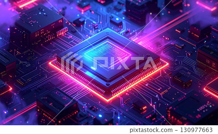 Macro closeup of an electronic computer circuit board with a central processing unit (CPU) and various components, representing the digital technology and engineering of modern hardware 130977663
