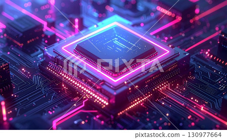 Macro closeup of an electronic computer circuit board with a central processing unit (CPU) and various components, representing the digital technology and engineering of modern hardware Macro closeup of an electronic computer circuit board with a central processing unit (CPU) and various components, representing the digital technology and engineering of modern hardware 130977664