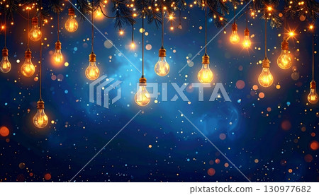 Magical holiday lights sparkle in the night, with glowing bokeh and rain drops on the window 130977682